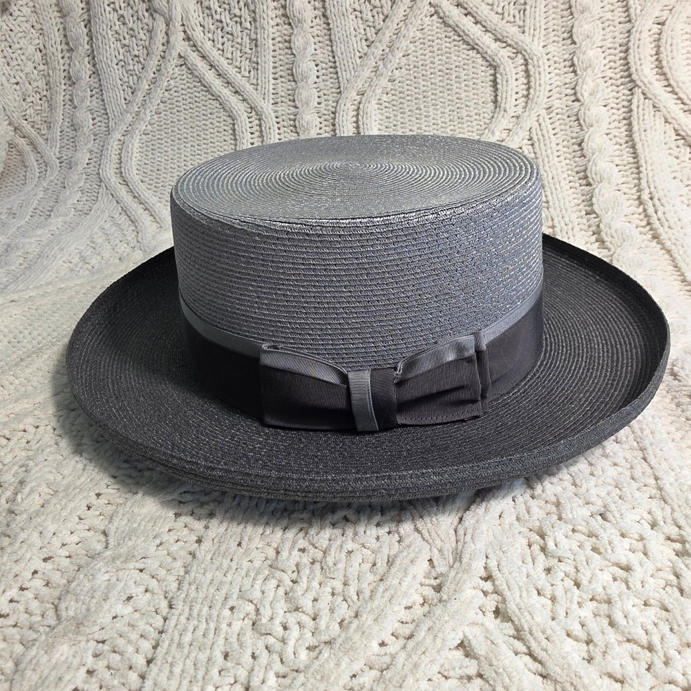 Biltmore Pork Pie Dress Hat Gray Straw Grosgrain Bow Mens XL Made in Canada